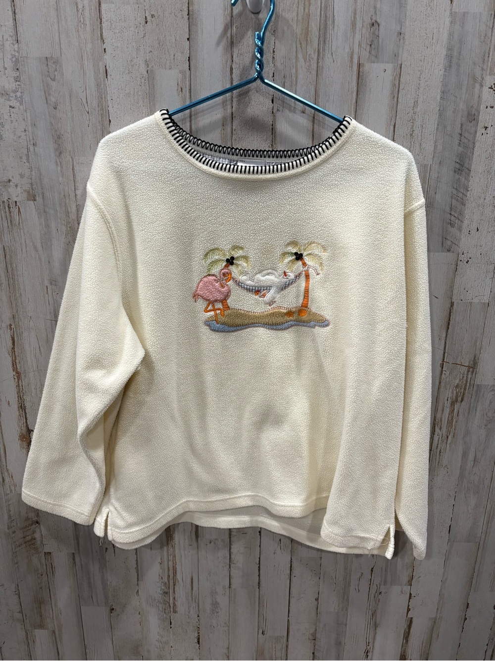 VTG Jenny Buchanan Flamingo Terry Fleece Pullover Ivory Tropical Beach Grandma
